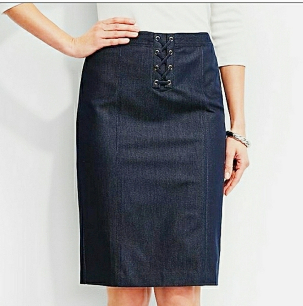 Talbots Navy Blue Denim Pencil Skirt Size 10 Grommet Lace-Up